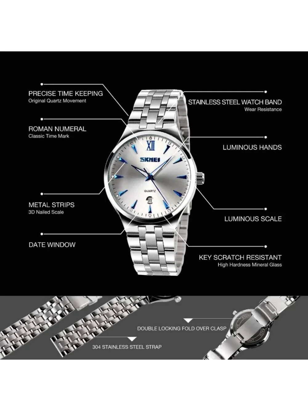 Men's Silver Blue Analog Stainless Steel Roman Numeral Waterproof Luxury Watch